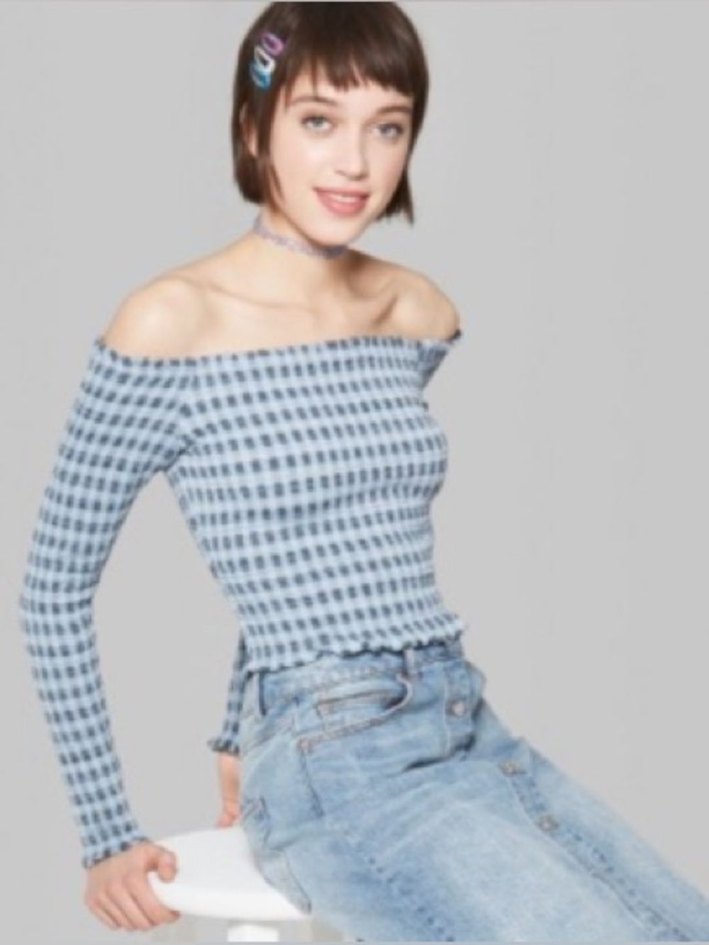 Wild Fable Gingham Off-The-Shoulder Smocked Crop Top in Blue Size Medium